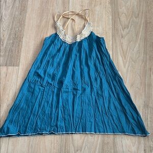 Elegant Blue Women's Blouse with Beaded Neckline